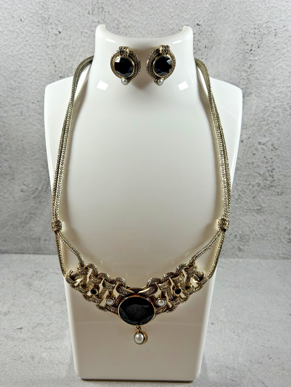 Vintage Heavy Sterling Silver Onyx and Pearl Art Deco Necklace and Earrings